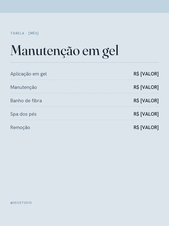 Tabela de preços da manutenção em gel.
