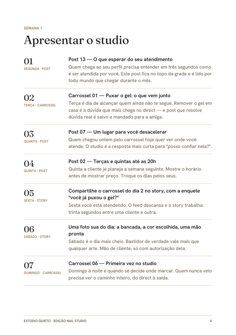 Página da semana 1 do guia, com o que postar do dia 1 ao dia 7.