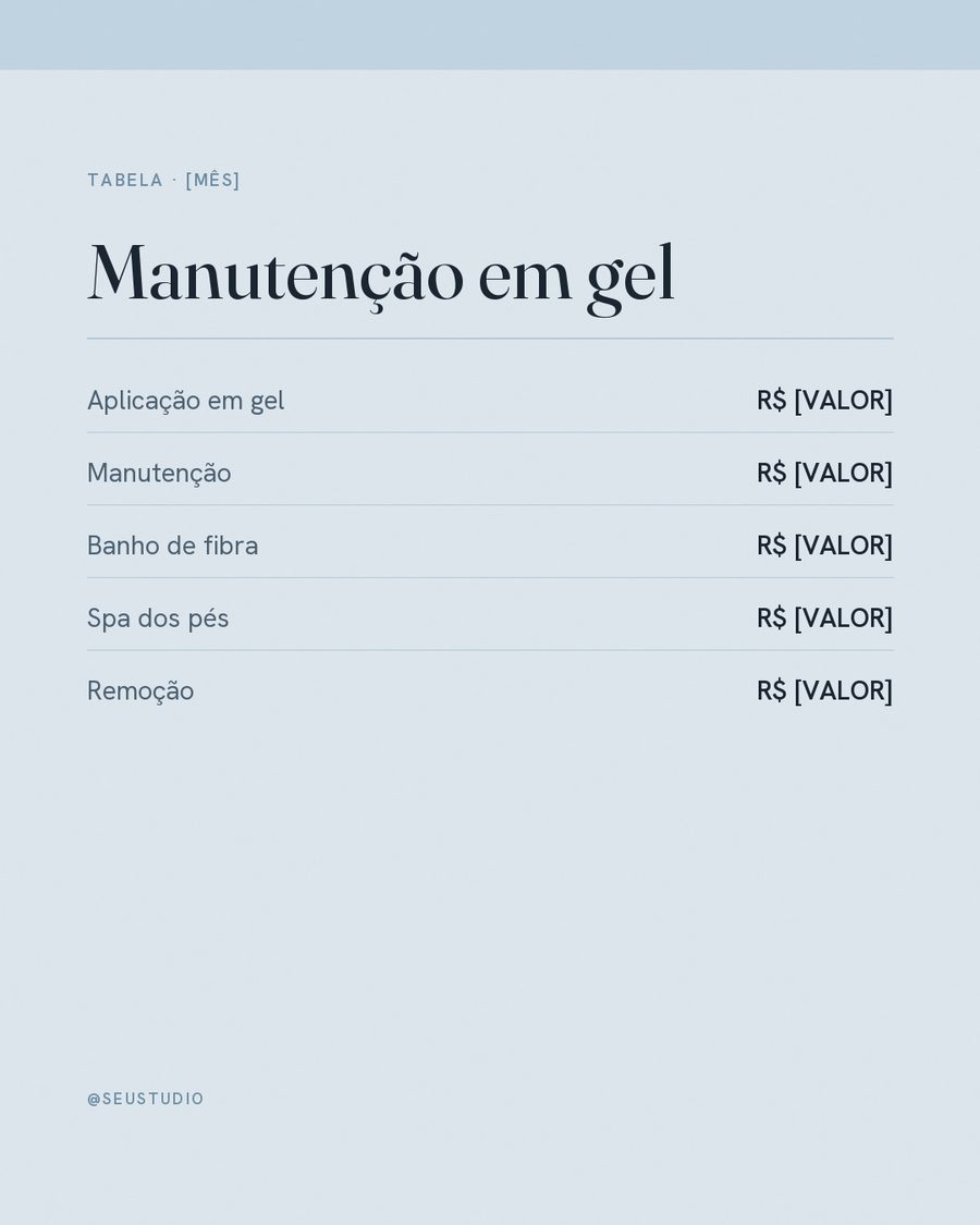 Post de tabela de preços da manutenção em gel, em tons de azul claro.