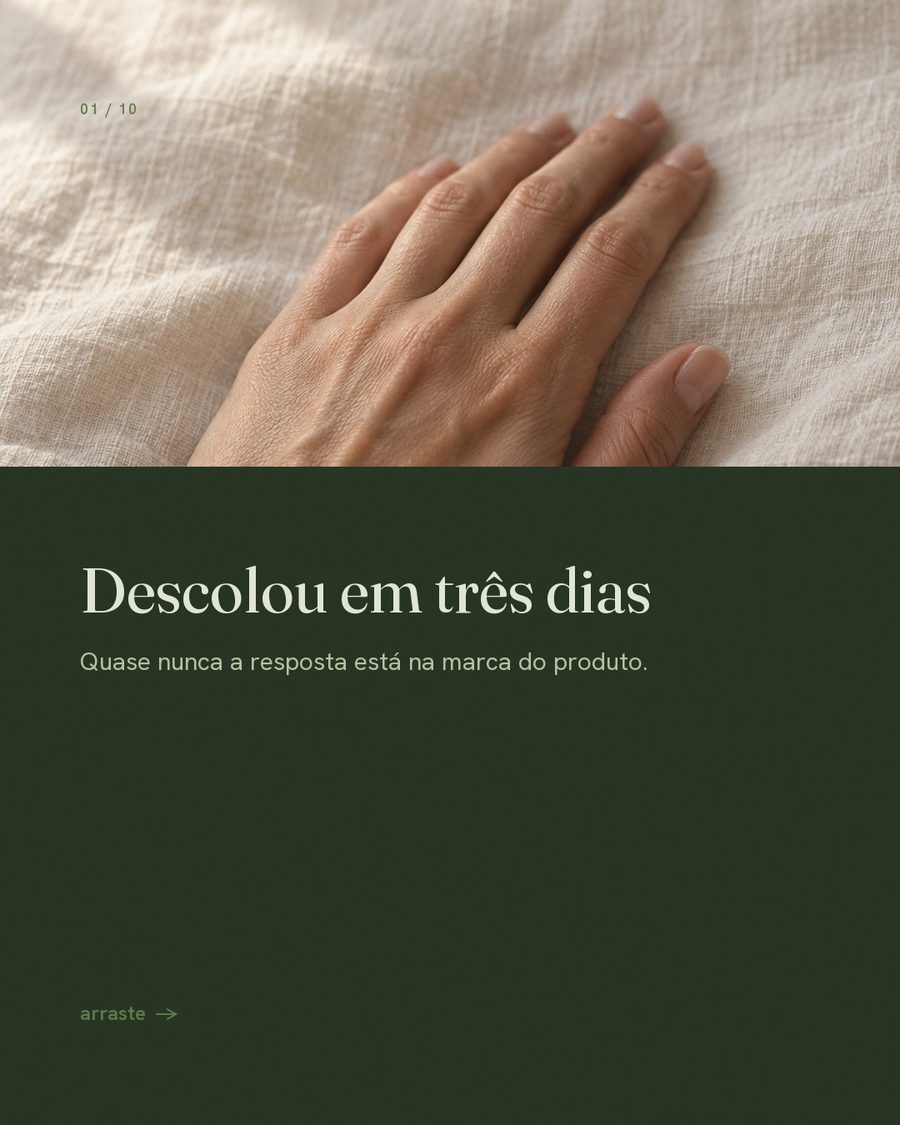 Capa de carrossel em verde escuro com a frase Descolou em três dias.
