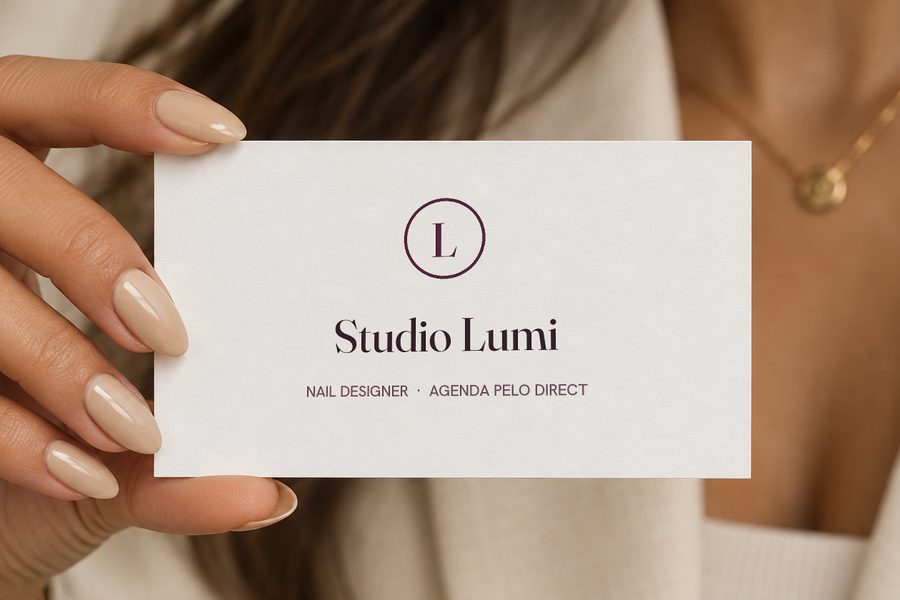 Mão segurando um cartão com a logo de exemplo Studio Lumi.