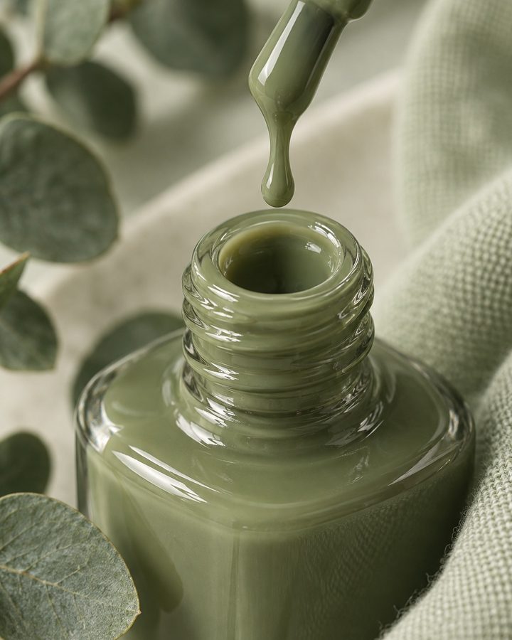 Esmalte verde escorrendo do pincel para dentro do frasco, entre folhas de eucalipto.