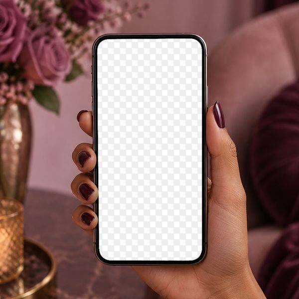 Mockup de celular na mão, com a tela transparente, como vem no kit.