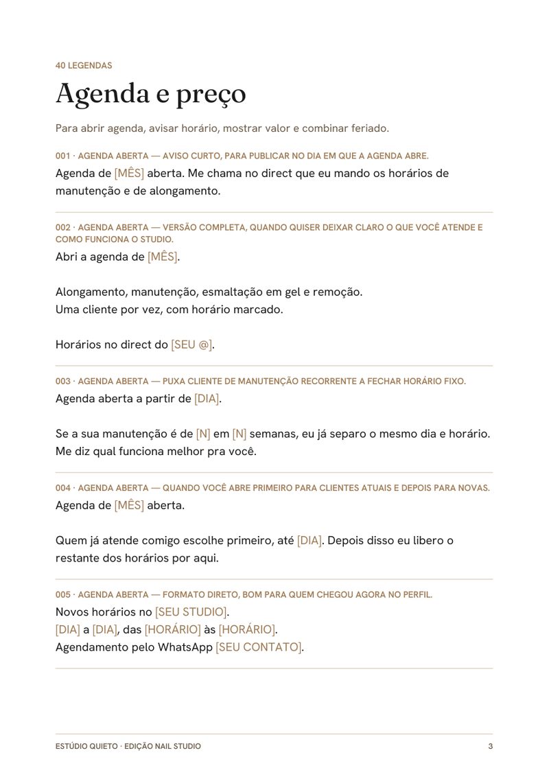 Página das legendas de agenda e preço.